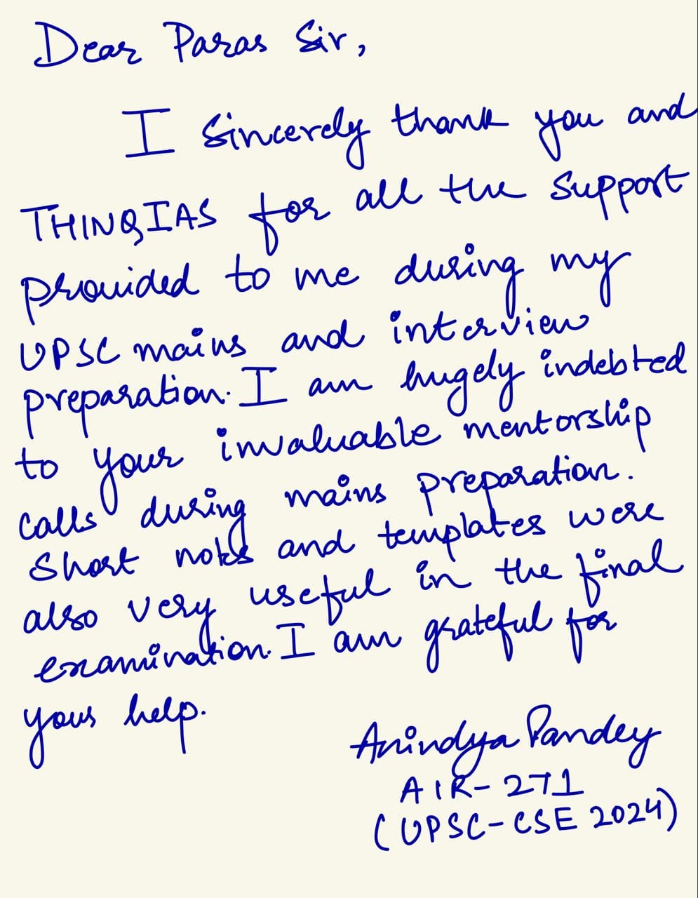 Handwritten testimonial from Anindya Pandey